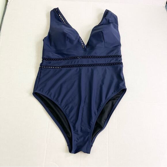 Swimsuits For All One Piece Lattice Plunge Swimsuit woman's size 18 Navy Blue - Picture 2 of 11